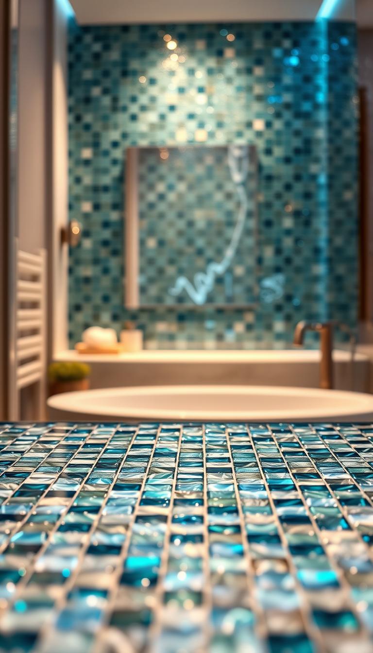 A stunning glass mosaic design showcasing an array of iridescent tiles in shades of ocean blues, greens, and shimmering whites. In the foreground, the close-up of the mosaic tiles reflects light beautifully, creating a dynamic play of colors that evoke the essence of water. The middle ground features a softly lit bathroom scene, with elegant fixtures and soft textures that complement the mosaic, enhancing the luxurious feel. In the background, gentle ambient lighting casts a serene atmosphere, highlighting the reflective qualities of the glass tiles. The image is presented from a slightly elevated angle to capture the depth and detail of the tiles, evoking a refreshing and tranquil vibe ideal for a modern bathroom setting. High definition ensures every facet of the glass is crystal clear and mesmerizing.