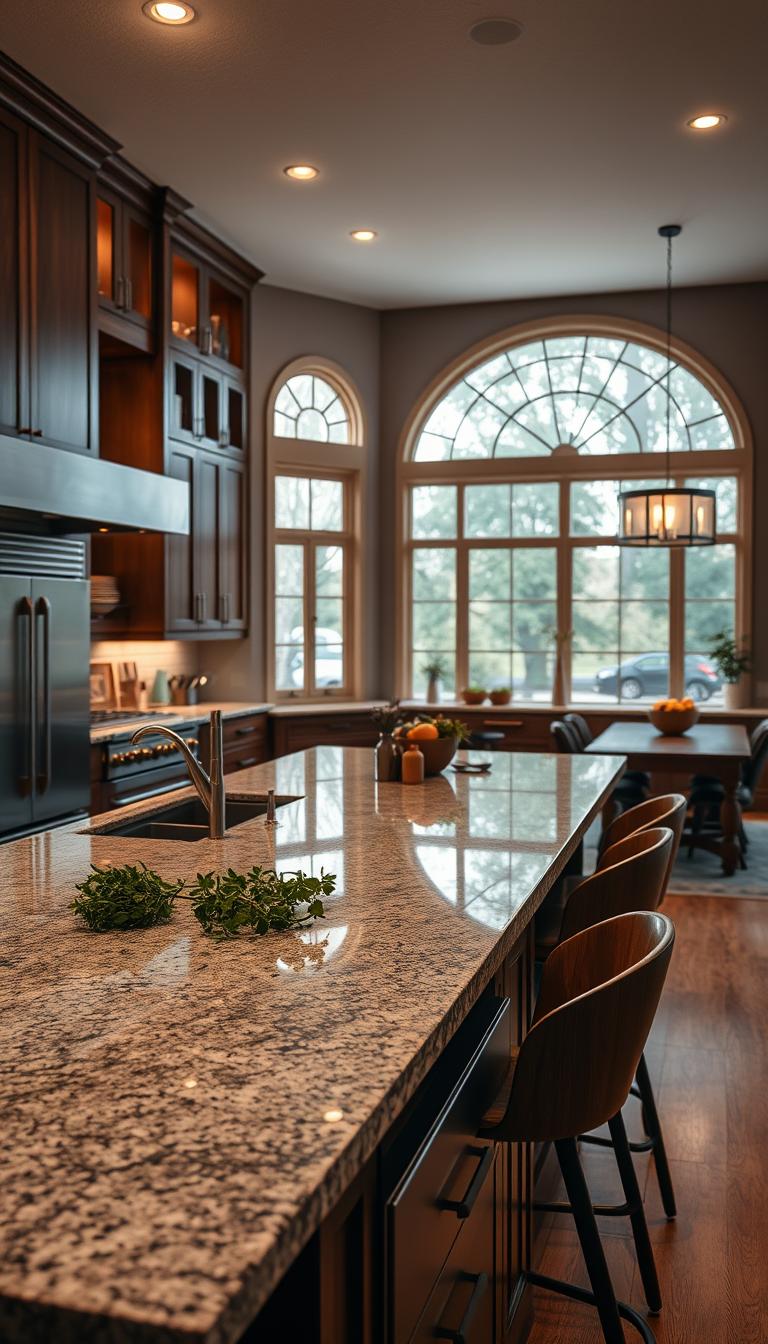 A stunning gourmet kitchen designed for living and entertaining, featuring an expansive central island with elegant bar stools. The foreground showcases a polished granite countertop adorned with fresh herbs and artfully arranged cooking utensils. In the middle, high-end stainless steel appliances gleam under soft ambient lighting, while natural light streams in through large, arched windows, illuminating the warm wooden cabinetry and open shelving filled with colorful dishware. The background highlights an inviting dining area with a rustic wooden table and chic pendant lighting, creating a cozy yet sophisticated atmosphere. The overall mood is one of warmth and creativity, perfect for culinary adventures and gatherings with friends and family. Capture this scene in photorealistic high definition, with a slight depth of field to emphasize the kitchen’s details. A stunning gourmet kitchen designed for living and entertaining, featuring an expansive central island with elegant bar stools. The foreground showcases a polished granite countertop adorned with fresh herbs and artfully arranged cooking utensils. In the middle, high-end stainless steel appliances gleam under soft ambient lighting, while natural light streams in through large, arched windows, illuminating the warm wooden cabinetry and open shelving filled with colorful dishware. The background highlights an inviting dining area with a rustic wooden table and chic pendant lighting, creating a cozy yet sophisticated atmosphere. The overall mood is one of warmth and creativity, perfect for culinary adventures and gatherings with friends and family. Capture this scene in photorealistic high definition, with a slight depth of field to emphasize the kitchen’s details.
