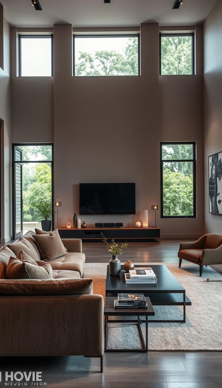 A stunning living room interior inspired by Hayden Christensen's design sensibilities, featuring a spacious and inviting layout. In the foreground, a plush, modern sofa in muted earth tones faces a sleek, minimalist coffee table adorned with a few art books and a decorative vase. The middle layer reveals a stylish entertainment unit with tasteful decor and warm lighting emanating from stylish fixtures. Beautiful large windows offer a view of a serene garden outside, providing natural light and a fresh atmosphere. The background includes neutral-colored walls adorned with abstract art pieces. The overall mood is sophisticated yet cozy, captured in high-definition with soft, warm lighting that highlights the textures and materials used in the space, shot from a slightly elevated angle to showcase the entire room ambiance.