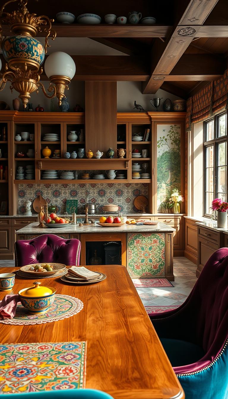 A stunning maximalist kitchen filled with layered textures and vibrant colors. In the foreground, a solid oak dining table adorned with a vibrant, patterned tablecloth and eclectic dishware, surrounded by plush velvet chairs in jewel tones. The middle ground showcases a large kitchen island with intricate tile work, featuring an array of colorful fruits and ornate kitchen utensils. In the background, cabinets packed with varied dishware and decorative pieces in harmonious patterns, alongside a captivating mural depicting garden scenes. Soft, warm lighting illuminates the space, creating an inviting atmosphere, with sunlight streaming through large windows, casting gentle shadows. The lens captures the scene from a slight angle, emphasizing depth and the richness of design elements, making the kitchen feel both cozy and expansive, exuding creativity and warmth. A stunning maximalist kitchen filled with layered textures and vibrant colors. In the foreground, a solid oak dining table adorned with a vibrant, patterned tablecloth and eclectic dishware, surrounded by plush velvet chairs in jewel tones. The middle ground showcases a large kitchen island with intricate tile work, featuring an array of colorful fruits and ornate kitchen utensils. In the background, cabinets packed with varied dishware and decorative pieces in harmonious patterns, alongside a captivating mural depicting garden scenes. Soft, warm lighting illuminates the space, creating an inviting atmosphere, with sunlight streaming through large windows, casting gentle shadows. The lens captures the scene from a slight angle, emphasizing depth and the richness of design elements, making the kitchen feel both cozy and expansive, exuding creativity and warmth.