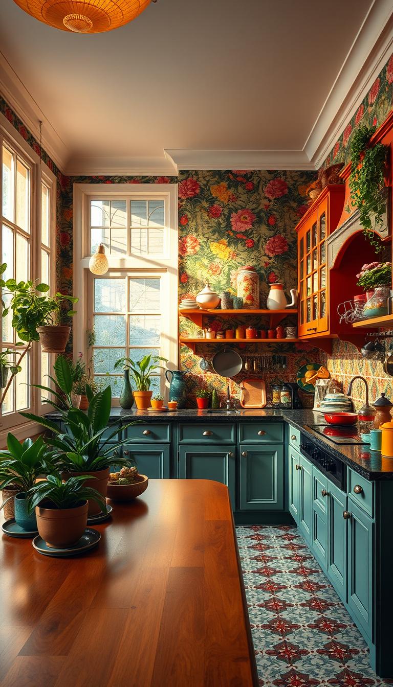 A stunning maximalist kitchen filled with vibrant colors and intricate patterns. In the foreground, a polished wooden kitchen island is adorned with an array of eclectic kitchenware and lush houseplants. The middle ground features a striking feature wall covered in bold, floral wallpaper that contrasts beautifully with colorful ceramic tiles adorning the backsplash. Vintage-style cabinets painted in rich hues hold an assortment of quirky utensils and decor. In the background, large windows allow for warm, natural light to cascade into the space, creating a cheerful ambiance. The overall atmosphere is lively and inviting, embodying the spirit of maximalism with its artistic chaos and abundance of character. High-definition, photorealistic detail captures the textures and colors vividly, emphasizing the uniqueness of the maximalist design. A stunning maximalist kitchen filled with vibrant colors and intricate patterns. In the foreground, a polished wooden kitchen island is adorned with an array of eclectic kitchenware and lush houseplants. The middle ground features a striking feature wall covered in bold, floral wallpaper that contrasts beautifully with colorful ceramic tiles adorning the backsplash. Vintage-style cabinets painted in rich hues hold an assortment of quirky utensils and decor. In the background, large windows allow for warm, natural light to cascade into the space, creating a cheerful ambiance. The overall atmosphere is lively and inviting, embodying the spirit of maximalism with its artistic chaos and abundance of character. High-definition, photorealistic detail captures the textures and colors vividly, emphasizing the uniqueness of the maximalist design.