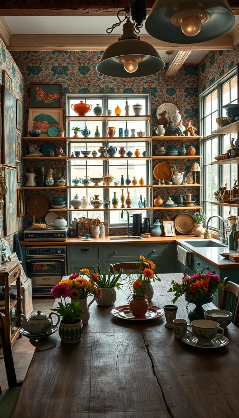A stunning maximalist kitchen scene filled with an eclectic mix of art, colorful accessories, and vintage finds. In the foreground, a rustic wooden dining table is adorned with an assortment of mismatched dinnerware and vibrant flower arrangements. The middle ground features an array of open shelving showcasing various eclectic pottery, quirky utensils, and artful small sculptures against a backdrop of vibrant wallpaper. The background reveals large windows with natural light streaming in, illuminating the intricate details of the room. The atmosphere is warm and inviting, with a cozy yet sophisticated feel. The image is photorealistic with high definition, captured at eye level with a soft focus on the edges, enhancing the depth and richness of this curated space. A stunning maximalist kitchen scene filled with an eclectic mix of art, colorful accessories, and vintage finds. In the foreground, a rustic wooden dining table is adorned with an assortment of mismatched dinnerware and vibrant flower arrangements. The middle ground features an array of open shelving showcasing various eclectic pottery, quirky utensils, and artful small sculptures against a backdrop of vibrant wallpaper. The background reveals large windows with natural light streaming in, illuminating the intricate details of the room. The atmosphere is warm and inviting, with a cozy yet sophisticated feel. The image is photorealistic with high definition, captured at eye level with a soft focus on the edges, enhancing the depth and richness of this curated space.