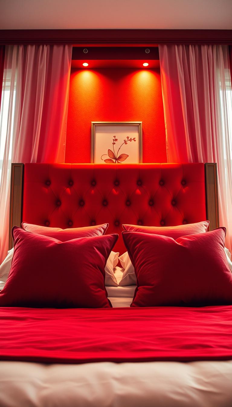 A stunning, modern headboard as the focal point of a beautifully designed red bedroom. The headboard features luxurious fabric, deep crimson color with tufted detailing, and elegant wooden accents. In the foreground, soft, accurately arranged pillows in complementary shades of red and white rest on the bed. The middle section showcases the headboard, which towers majestically behind the bed, creating a sense of depth and character in the room. In the background, a subtle artwork complements the theme, with warm, inviting lighting illuminating the space. The atmosphere is cozy and inviting, exuding a sense of style and comfort. Natural light filters through sheer curtains, enhancing the red tones and adding a soft glow. The image is captured with a wide-angle lens to emphasize the grandeur of the headboard in this dream setting.