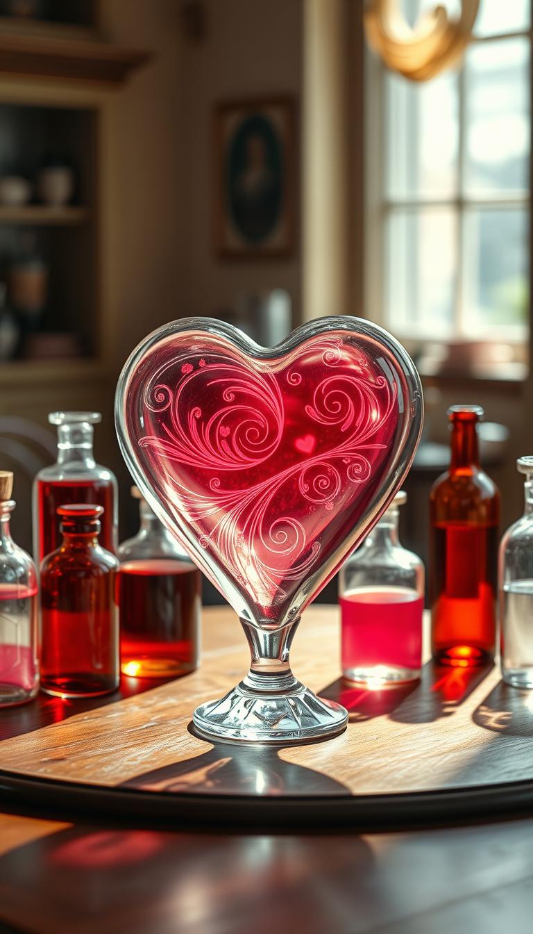 A stunning photorealistic image of a delicate glass heart centerpiece, elegantly placed atop a vintage wooden table. The heart, intricately designed with swirling patterns, captures light beautifully, casting soft reflections. Surrounding the heart are a collection of antique apothecary bottles in various shapes and sizes, all made of clear glass, showcasing colorful liquids in rich reds and soft pinks. The background features a softly blurred vintage interior with warm, inviting colors, hinting at romantic decor. Soft, diffused natural light streams in from a window, highlighting the transparency of the glass and creating a serene, enchanting atmosphere that evokes nostalgia and charm. The angle is slightly elevated, capturing the heart and bottles harmoniously arranged while emphasizing their details. A stunning photorealistic image of a delicate glass heart centerpiece, elegantly placed atop a vintage wooden table. The heart, intricately designed with swirling patterns, captures light beautifully, casting soft reflections. Surrounding the heart are a collection of antique apothecary bottles in various shapes and sizes, all made of clear glass, showcasing colorful liquids in rich reds and soft pinks. The background features a softly blurred vintage interior with warm, inviting colors, hinting at romantic decor. Soft, diffused natural light streams in from a window, highlighting the transparency of the glass and creating a serene, enchanting atmosphere that evokes nostalgia and charm. The angle is slightly elevated, capturing the heart and bottles harmoniously arranged while emphasizing their details.
