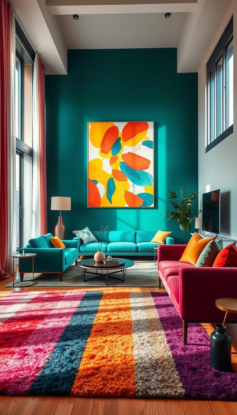 A stunning, photorealistic interior featuring a vibrant color-drenched room. In the foreground, a stylishly arranged living space with a plush, multicolored area rug and contemporary furniture in rich jewel tones, such as emerald green and ruby red. The middle ground showcases a feature wall painted in bold, complementary colors, adorned with abstract art pieces that burst with hues of orange, yellow, and teal. In the background, large windows allow natural light to flood the room, enhancing the vivid colors, with soft curtains gently swaying. The atmosphere is lively and inviting, evoking a sense of warmth and creativity. The composition captures the interplay of light and shadow, showcasing how to effectively use color without overwhelming the space.