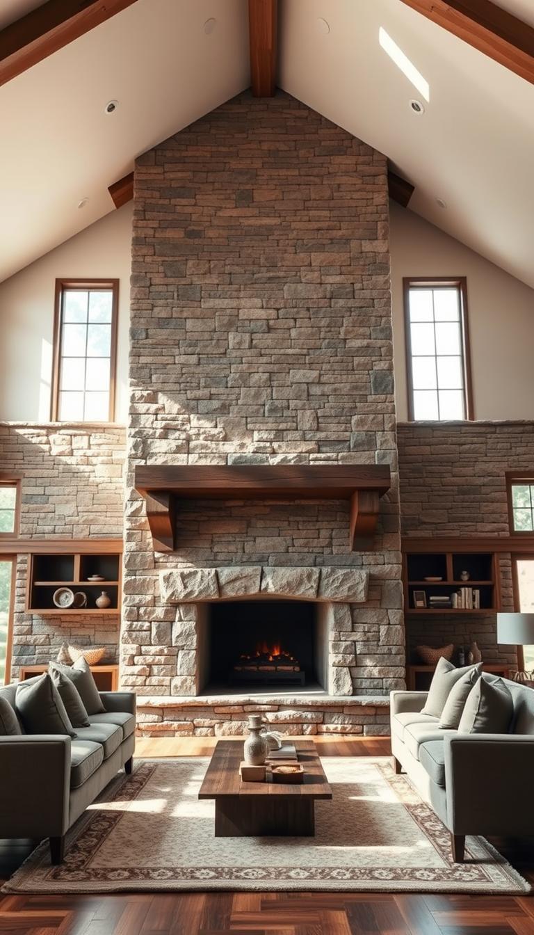 A stunning stone fireplace as the central element, featuring a large, oversized hearth with a rustic yet modern design. The fireplace is crafted from rich, textured stones that create a warm and inviting ambiance. Surrounding the fireplace is a floor-to-ceiling stone surround, seamlessly merging with vaulted ceilings above. The scene is illuminated by soft, natural light streaming through large windows, casting gentle shadows that enhance the stone's details. In the foreground, a cozy arrangement of plush seating invites relaxation, while a stylish area rug adds warmth to the space. The overall atmosphere is one of comfort and sophistication, perfect for a modern farmhouse setting. The image is captured using a wide-angle lens to emphasize the grandeur of the fireplace in a photorealistic, high-definition quality.