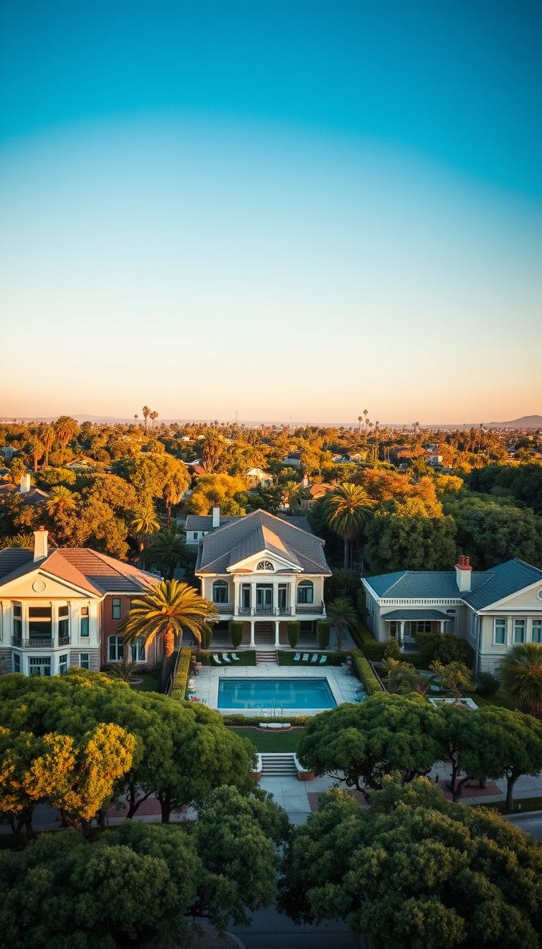 A stunning view of Hancock Park, Los Angeles, showcasing an upscale residential neighborhood. In the foreground, elegant tree-lined streets with manicured lawns, featuring beautiful single-family homes with large windows and architectural details. In the middle ground, a charming, historic house with a modern touch, showcasing expansive outdoor living spaces and a swimming pool. The background includes lush greenery and the distant silhouette of palm trees against a clear blue sky. The lighting should be warm and inviting, capturing the golden hour glow, emphasizing the luxurious and serene atmosphere of the area. The image should be captured from a slightly elevated angle, offering a wide view to highlight the neighborhood appeal while maintaining photorealism and high definition.