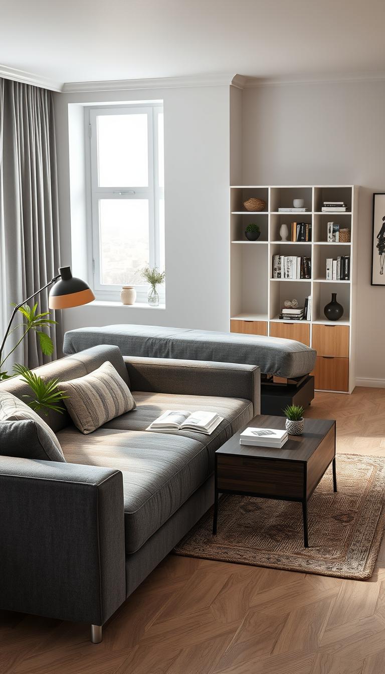 A stylish and modern living room-bedroom combo featuring multifunctional furniture. In the foreground, showcase a sleek, convertible sofa bed that seamlessly transforms from a comfortable sofa to a cozy bed, upholstered in rich gray fabric. Beside it, a compact, stylish coffee table that doubles as storage, adorned with a potted plant and a decorative book. In the middle ground, create an inviting area rug that adds warmth, with an elegant lamp casting soft, ambient light. The background should include a minimalist shelving unit filled with books and personal touches, against a bright, airy wall with artwork that enhances the space. Capture the mood of a harmonious and practical living area, emphasizing multifunctional design. Use photorealistic high-definition rendering for a realistic look, with soft natural lighting coming from a window.
