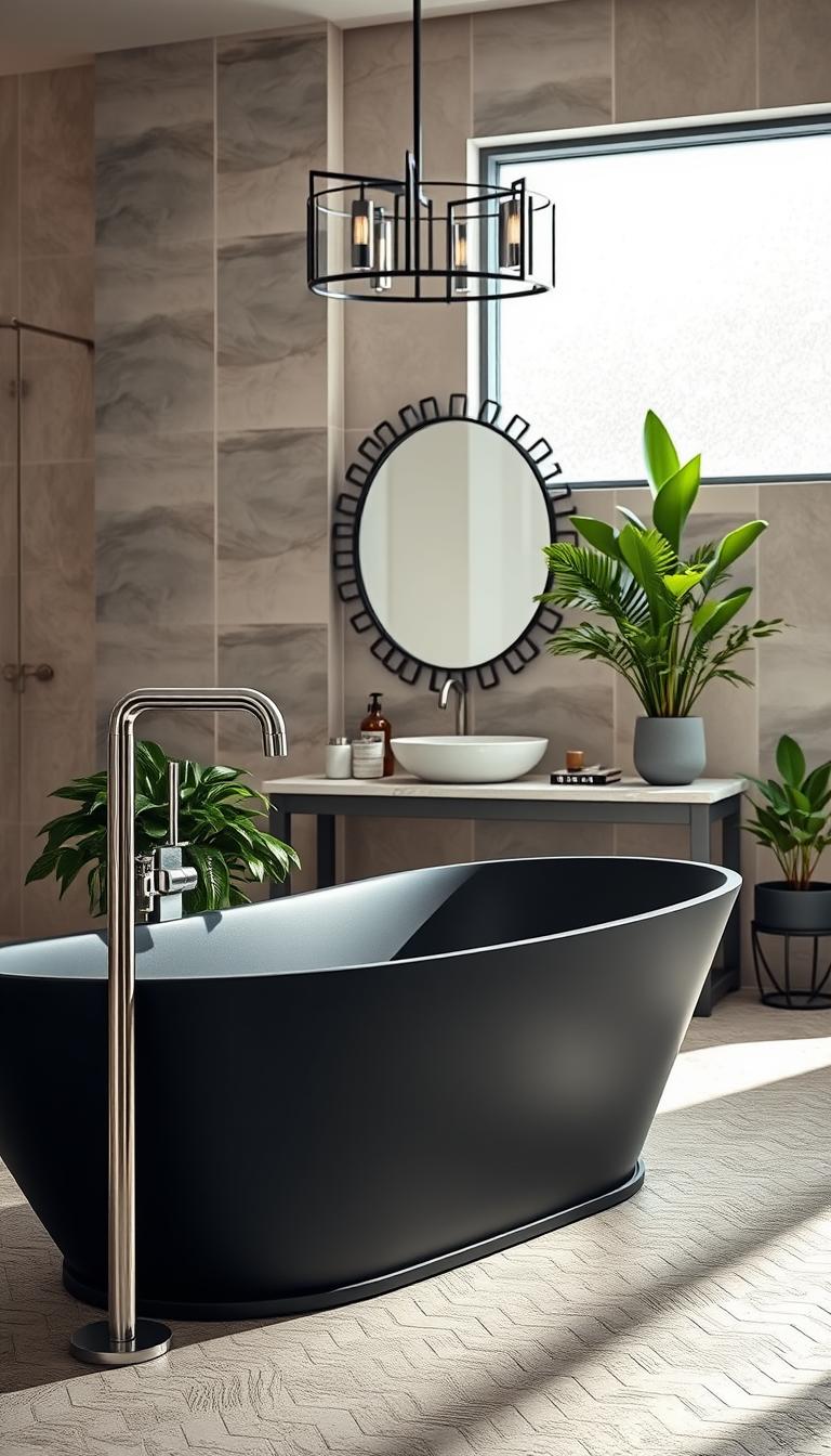 A stylish bathroom featuring statement fixtures that define contemporary elegance. In the foreground, a luxurious freestanding bathtub with sleek lines and a matte black finish is placed on a textured stone floor. Beside it, an oversized, modern faucet with a curved spout and polished chrome accents reflects the light. In the middle ground, a stylish vanity with an ornate mirror and bold, geometric lighting fixtures adds sophistication. Lush greenery in decorative pots complements the space. The background showcases tasteful tiles in soft neutral tones, enhancing the calming atmosphere. Bright, natural light filters through a frosted window, casting soft shadows. Capture the image from a slightly elevated angle to emphasize the elegance and style of the entire setup, ensuring a photorealistic, high-definition representation that exudes a refreshing and inviting ambiance. A stylish bathroom featuring statement fixtures that define contemporary elegance. In the foreground, a luxurious freestanding bathtub with sleek lines and a matte black finish is placed on a textured stone floor. Beside it, an oversized, modern faucet with a curved spout and polished chrome accents reflects the light. In the middle ground, a stylish vanity with an ornate mirror and bold, geometric lighting fixtures adds sophistication. Lush greenery in decorative pots complements the space. The background showcases tasteful tiles in soft neutral tones, enhancing the calming atmosphere. Bright, natural light filters through a frosted window, casting soft shadows. Capture the image from a slightly elevated angle to emphasize the elegance and style of the entire setup, ensuring a photorealistic, high-definition representation that exudes a refreshing and inviting ambiance.