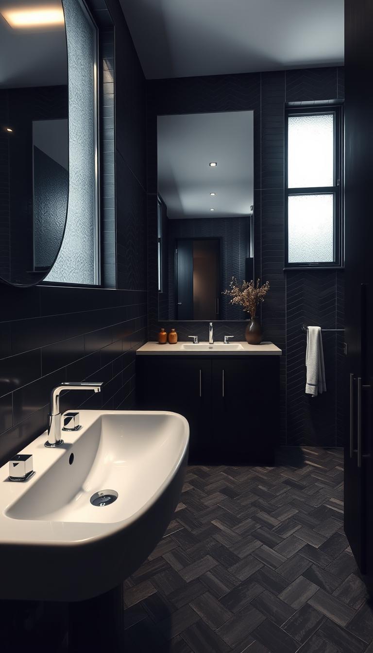 A stylish black small bathroom featuring an elegant herringbone tile pattern in varying shades of charcoal and ebony, creating dynamic lines and rich texture on the walls and floors. In the foreground, a sleek modern sink with polished chrome fixtures reflects soft overhead lighting, enhancing the spa-like atmosphere. The middle of the image showcases a spacious mirror that reflects the intricate tile work, surrounded by dark wood cabinetry and tasteful decor. In the background, frosted glass windows allow gentle natural light to filter in, contributing to a serene and relaxing environment. The mood is tranquil and sophisticated, inviting a sense of calm and luxury. Photorealistic and high-definition, captured from a slightly elevated angle to emphasize the depth and design details of this modern retreat. A stylish black small bathroom featuring an elegant herringbone tile pattern in varying shades of charcoal and ebony, creating dynamic lines and rich texture on the walls and floors. In the foreground, a sleek modern sink with polished chrome fixtures reflects soft overhead lighting, enhancing the spa-like atmosphere. The middle of the image showcases a spacious mirror that reflects the intricate tile work, surrounded by dark wood cabinetry and tasteful decor. In the background, frosted glass windows allow gentle natural light to filter in, contributing to a serene and relaxing environment. The mood is tranquil and sophisticated, inviting a sense of calm and luxury. Photorealistic and high-definition, captured from a slightly elevated angle to emphasize the depth and design details of this modern retreat.