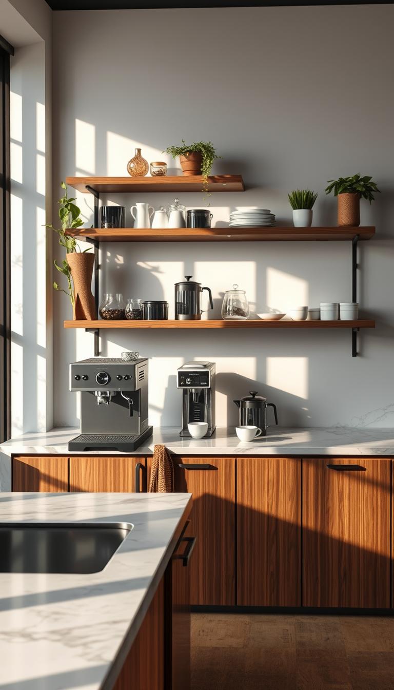 A stylish countertop coffee bar featuring a blend of materials, including a sleek quartz surface, rustic stone accents, and natural wood elements. In the foreground, showcase a beautifully organized coffee setup with an elegant espresso machine, artisanal coffee beans in glass jars, and delicate porcelain cups. The middle ground should highlight the detailed textures of the quartz countertop, complemented by a wooden coffee station beneath a set of modern shelves adorned with coffee accessories and decorative plants. The background reveals soft, natural light filtering through a window, casting gentle shadows, creating a warm and inviting atmosphere. The image should convey tranquility and modern sophistication, captured with a shallow depth of field to emphasize the coffee bar while maintaining a photorealistic quality.