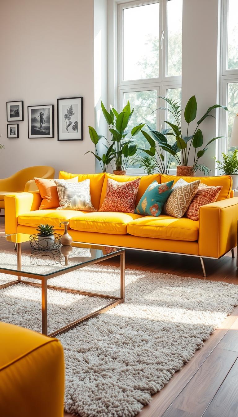 A stylish living room featuring a vibrant yellow sofa as the focal point, adorned with colorful throw pillows in various patterns. In the foreground, a sleek coffee table made of glass and metal complements the sofa's bright hue, while a plush area rug adds warmth beneath. The middle ground includes a cozy armchair in a contrasting color, inviting relaxation. In the background, a tastefully decorated wall with framed art and indoor plants enhances the lively atmosphere of the space. Soft, natural light streams in through large windows, casting a gentle glow that highlights the textures and colors. The composition captures a bright, welcoming vibe, ideal for a modern and cheerful living environment. Photorealistic quality with high definition.