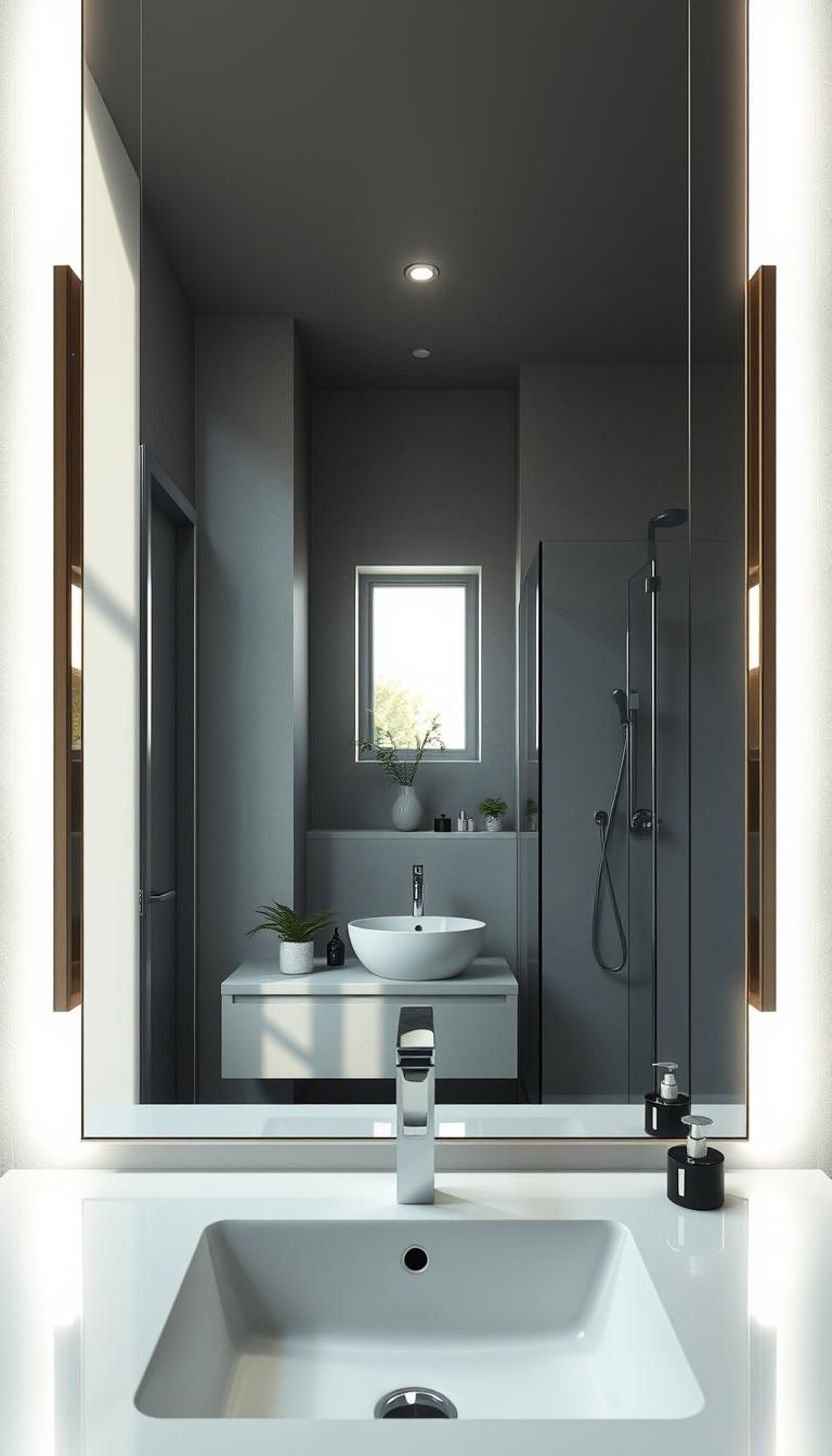 A stylish, modern bathroom featuring a large, elegant mirror as the focal point. In the foreground, the mirror reflects a serene gray palette, framed by luminous, soft lighting that highlights the soothing colors of the space. The middle area includes minimalist fixtures such as a sleek sink and a tasteful shower with glass doors, accented by natural greenery. In the background, a small window allows gentle, diffused daylight to filter in, enhancing the tranquil atmosphere. The overall composition is balanced and harmonious, conveying a sense of calmness and spaciousness, perfect for a small but impactful bathroom oasis. The image should be photorealistic with high definition, capturing the serene ambiance of the space.
