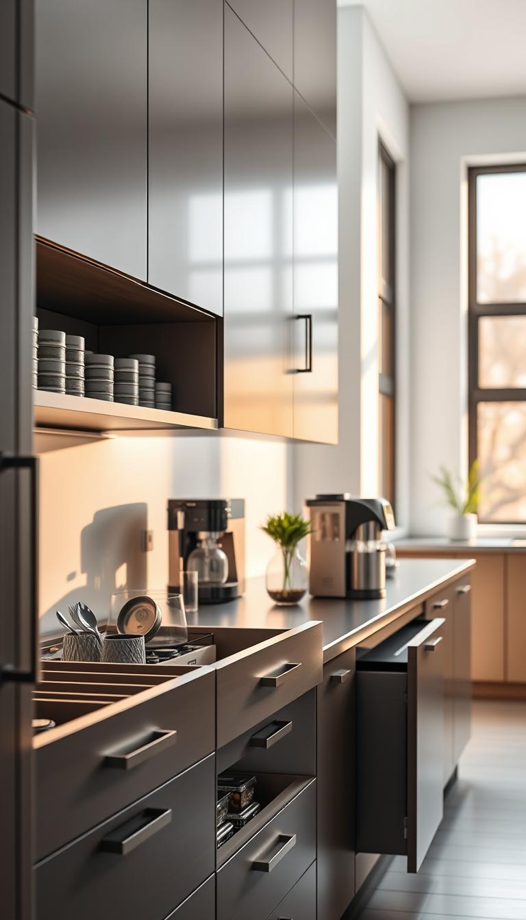 A stylish modern coffee bar featuring smart storage solutions. In the foreground, sleek cabinetry with minimalist handles houses elegant coffee accessories. Drawers are partially open, revealing neatly organized utensils and coffee pods. An appliance garage discreetly holds a high-end espresso machine and a coffee grinder, emphasizing clean lines. The middle layer showcases a polished countertop with a modern coffee maker, fresh coffee beans in a glass jar, and a small potted plant for a touch of greenery. The background reveals a soft-focus kitchen setting with warm natural light filtering through large windows, creating a calm and inviting atmosphere. The scene invites relaxation and efficiency, viewed from a slight angle to capture depth and detail, in high definition and photorealistic quality.