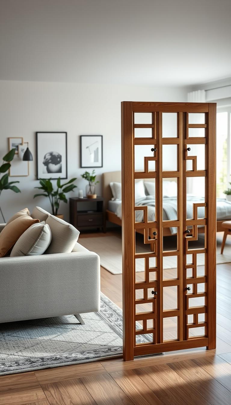 A stylish, modern room divider made of natural wood with intricate geometric cutouts, positioned prominently in the foreground. The divider effectively separates a cozy living room area with a plush, neutral-colored sofa adorned with soft throw pillows and a stylish rug underneath. In the middle ground, a well-made bed with crisp, white linens and a soft throw blanket, creating a serene space that invites relaxation. The background features subtle wall art and indoor plants, enhancing the ambiance. Soft, warm lighting filters through a nearby window, creating a gentle glow that adds to the inviting atmosphere. The scene displays a harmonious blend of functionality and aesthetic appeal, emphasizing creative space division without walls in a contemporary home setting.