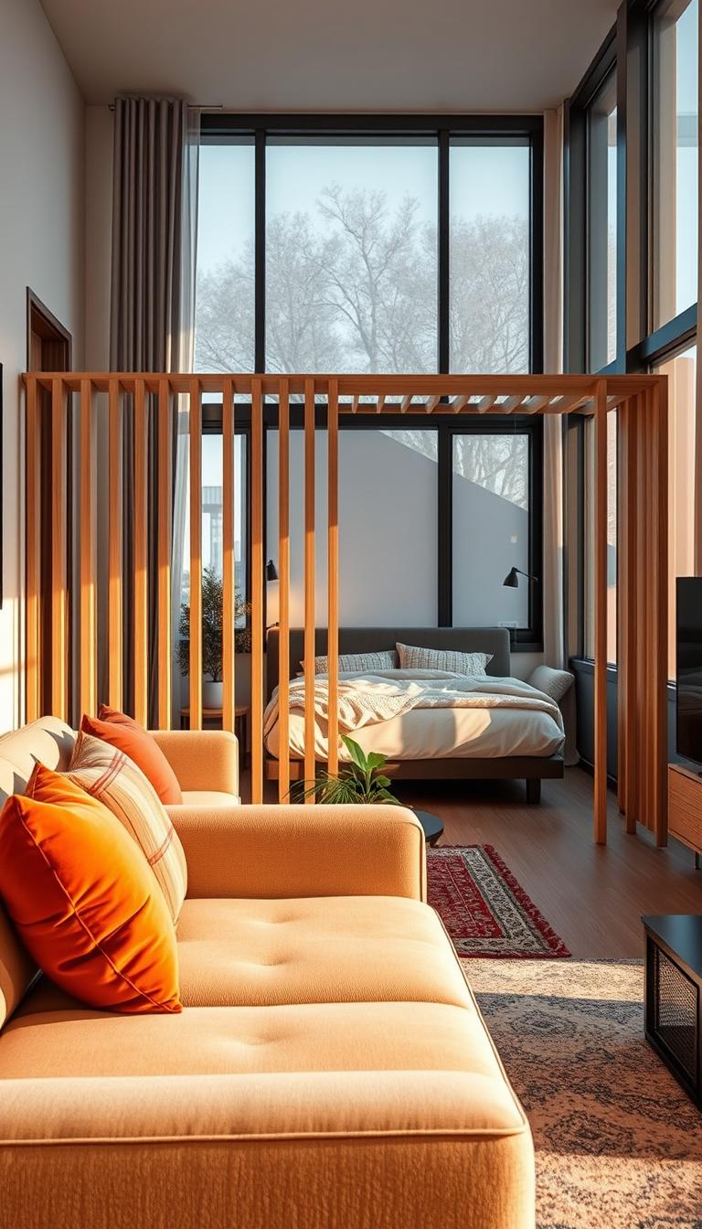 A stylish studio apartment featuring a creative room divider to separate the living area from a cozy sleeping space. In the foreground, a modern, open-plan living room showcases a soft sofa adorned with colorful cushions. The room divider, made of lightweight wooden slats, is elegantly positioned to define the sleeping area, which is furnished with a neatly made bed layered in plush bedding. The middle of the scene includes a small coffee table with a few decorative plants, enhancing the cozy atmosphere. In the background, large windows let in warm, natural light, casting soft shadows. The overall mood is inviting and serene, perfect for showcasing functional yet stylish space-saving solutions. High-definition, photorealistic details emphasized with a warm color palette for a comfortable vibe.