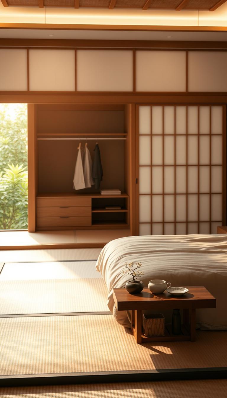 A tranquil Japanese bedroom that embodies the concept of streamlined living. In the foreground, a neatly arranged tatami mat bed with minimalistic bedding in soft, natural colors. A low-profile wooden table with a few carefully placed decorative elements, like a small bonsai plant and an elegantly folded kimono, emphasizes simplicity. In the middle ground, a chic wardrobe with sliding doors reveals only a few essential items, promoting decluttered harmony. The background features a shoji screen softly diffusing warm, natural light entering from a nearby window, surrounded by lush greenery. The atmosphere is calm and serene, evoking a sense of peace and order, perfect for relaxation and meditation. Use photorealistic style, with soft focus, and warm tones to enhance the inviting feel of the space.
