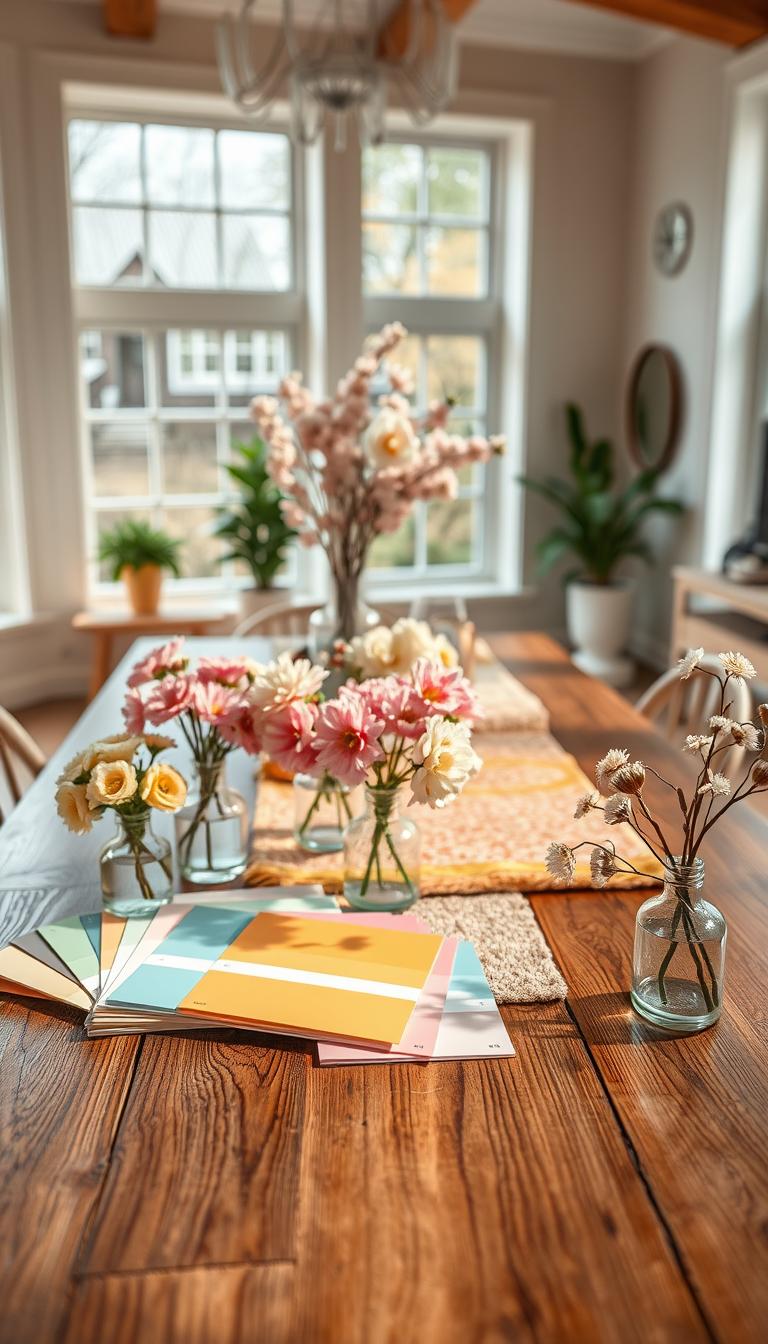 A vibrant color palette displayed on a stylish wooden table, showcasing a harmonious mix of pastel shades like soft pinks, fresh greens, creamy yellows, and sky blues. In the foreground, neatly arranged color swatches and paint samples are interacting with delicate flowers in small vases, creating a fresh spring atmosphere. The middle of the scene features a beautifully curated assortment of colorful textile swatches, table runners, and decorative accessories that evoke seasonal charm. In the background, a bright and airy room with natural light flooding in through large windows, enhancing the mood of renewal and creativity. The image embodies the essence of spring, inviting a sense of warmth and inspiration for home decor ideas. Photorealistic and high definition, capturing the essence of a cheerful and inviting space. A vibrant color palette displayed on a stylish wooden table, showcasing a harmonious mix of pastel shades like soft pinks, fresh greens, creamy yellows, and sky blues. In the foreground, neatly arranged color swatches and paint samples are interacting with delicate flowers in small vases, creating a fresh spring atmosphere. The middle of the scene features a beautifully curated assortment of colorful textile swatches, table runners, and decorative accessories that evoke seasonal charm. In the background, a bright and airy room with natural light flooding in through large windows, enhancing the mood of renewal and creativity. The image embodies the essence of spring, inviting a sense of warmth and inspiration for home decor ideas. Photorealistic and high definition, capturing the essence of a cheerful and inviting space.