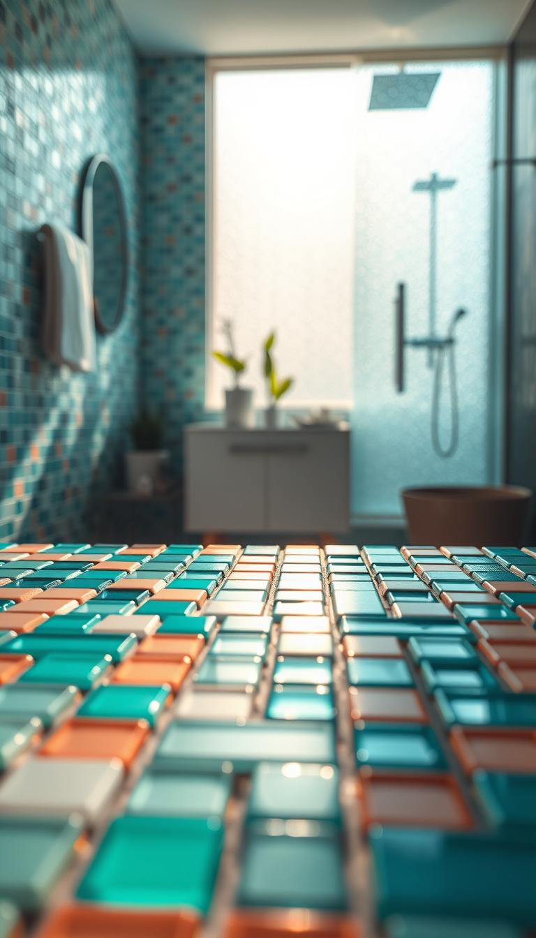 A vibrant glass mosaic tile installation in a modern bathroom setting, showcasing a range of colors like aquamarine, sea green, and soft coral. In the foreground, focus on several detailed tiles, displaying the light reflecting off their smooth surfaces, each piece artfully fitted together. The middle ground reveals a stylish bathroom vanity, adorned with minimalistic decor and plants, enhancing the tranquil atmosphere. In the background, a softly lit shower area is visible, highlighting glossy tile work and tranquil ambiance. The image features natural light filtering through a frosted window, creating a serene and refreshing mood. Shot at a slight angle to capture depth, ensuring every detail of the mosaic's intricate craftsmanship stands out in stunning high definition.