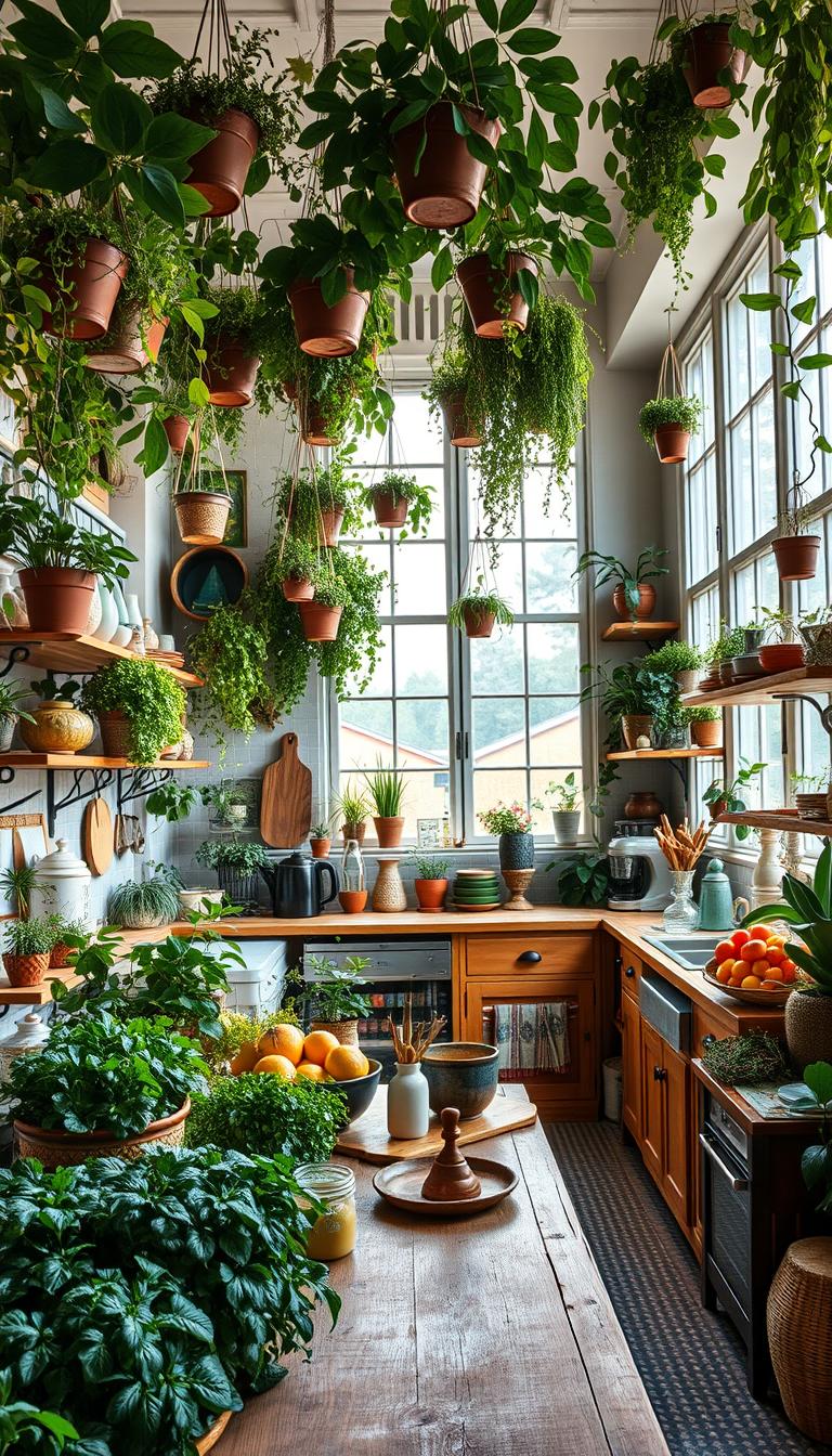 A vibrant maximalist kitchen filled with an abundance of lush greenery and botanical elements, showcasing a mix of colorful plants in various pots hanging from shelves and counters. In the foreground, a wooden countertop brimming with fresh herbs, ceramic dishware, and an assortment of colorful fruit. The middle layer features eclectic kitchenware, including vintage appliances, patterned textiles, and decorative items like jars and sculptures, creating a rich, layered visual experience. The background is filled with oversized windows allowing natural sunlight to flood the space, casting soft shadows. The atmosphere is lively and inviting, with a sense of harmony between nature and home. Capture this scene with a wide-angle lens to emphasize depth and detail in high definition, ensuring every element contributes to a warm, energetic ambiance. A vibrant maximalist kitchen filled with an abundance of lush greenery and botanical elements, showcasing a mix of colorful plants in various pots hanging from shelves and counters. In the foreground, a wooden countertop brimming with fresh herbs, ceramic dishware, and an assortment of colorful fruit. The middle layer features eclectic kitchenware, including vintage appliances, patterned textiles, and decorative items like jars and sculptures, creating a rich, layered visual experience. The background is filled with oversized windows allowing natural sunlight to flood the space, casting soft shadows. The atmosphere is lively and inviting, with a sense of harmony between nature and home. Capture this scene with a wide-angle lens to emphasize depth and detail in high definition, ensuring every element contributes to a warm, energetic ambiance.