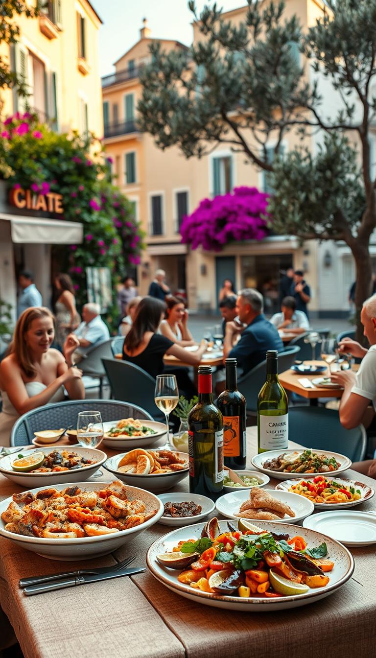 A vibrant outdoor dining scene at a Greek taverna in Nice, showcasing a beautifully arranged table with an array of colorful traditional Greek dishes like moussaka, fresh seafood, and salads, paired with bottles of natural wine. In the foreground, the table, adorned with rustic tableware, offers a warm invitation. The middle ground presents patrons enjoying their meals, dressed in modest casual clothing, engaged in cheerful conversation. The background reveals charming, pastel-colored buildings typical of Nice, with bougainvillea and olive trees framing the setting. Soft, golden-hour lighting bathes the scene, creating an inviting, relaxed atmosphere. The image captures the essence of Mediterranean dining culture, emphasizing flavors and conviviality in a photorealistic style.