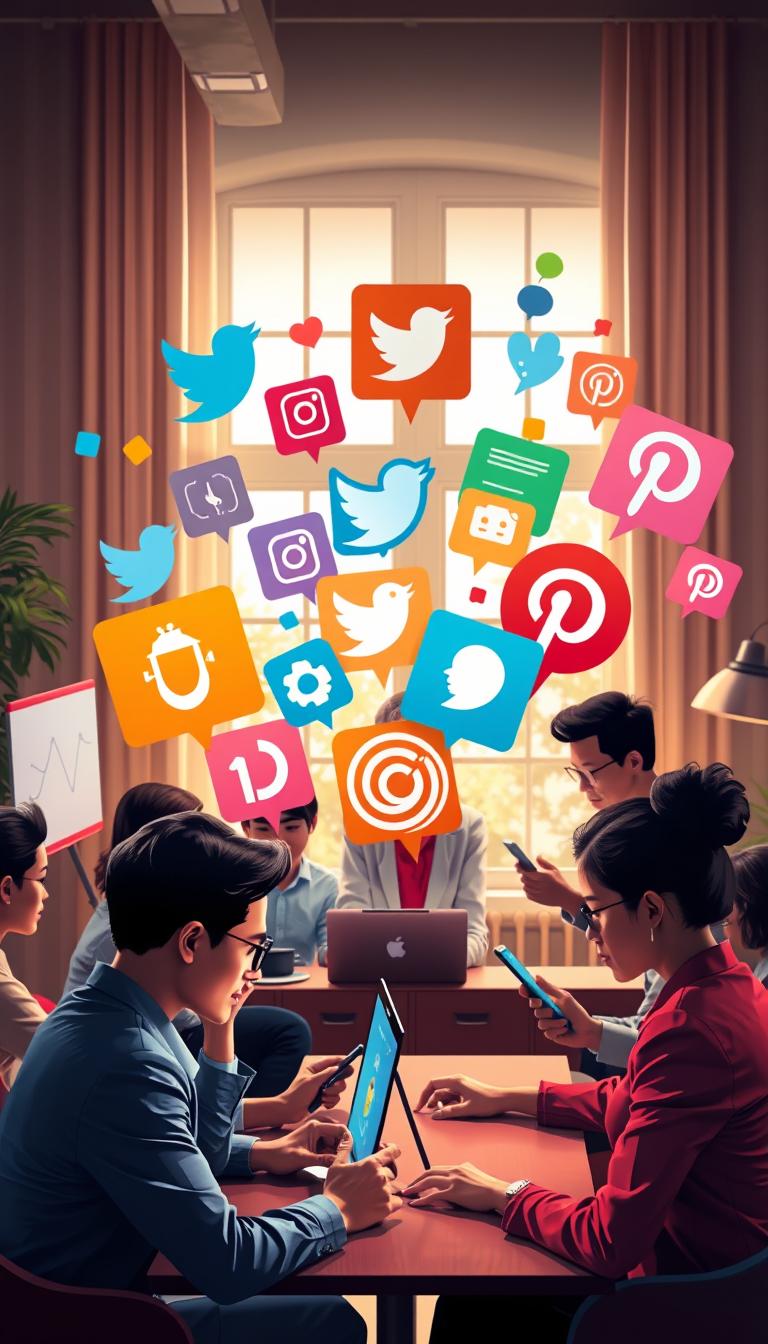 A vibrant, photorealistic digital illustration depicting a variety of social media platforms interacting in a dynamic online conversation about color trends in home design for 2026. In the foreground, a diverse group of people, dressed in professional business attire, use laptops and smartphones, their focused expressions capturing the engagement of online discourse. The middle layer features large, colorful icons of popular social media platforms like Twitter, Instagram, and Pinterest, intertwined with abstract representations of color palettes and design elements emerging from the screens. The background presents a cozy and modern workspace, illuminated by soft natural light from a window, enhancing the atmosphere of creativity and innovation. The composition conveys a sense of collaboration and mixed reactions as participants weigh in on the trending "Color of the Year."