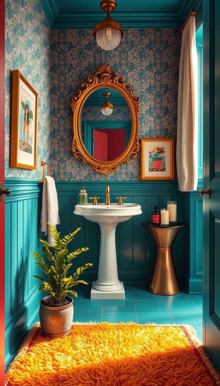 A vibrant powder room featuring a bold color palette, showcasing central elements like a chic pedestal sink and an ornate mirror framed in gold. The walls are painted a rich teal, adorned with patterned wallpaper that complements the color scheme. In the foreground, a plush, colorful area rug adds warmth beside a small potted plant with bright green foliage. The middle ground includes stylish accessories like framed art in vivid hues and a tasteful selection of scented candles. The background boasts soft, diffuse natural lighting streaming through a window dressed with light-filtering curtains. The atmosphere feels welcoming and lively, ideal for a bold color-drenched aesthetic. Use a wide-angle lens to capture the room's full vibrancy and ensure a photorealistic, high-definition quality.