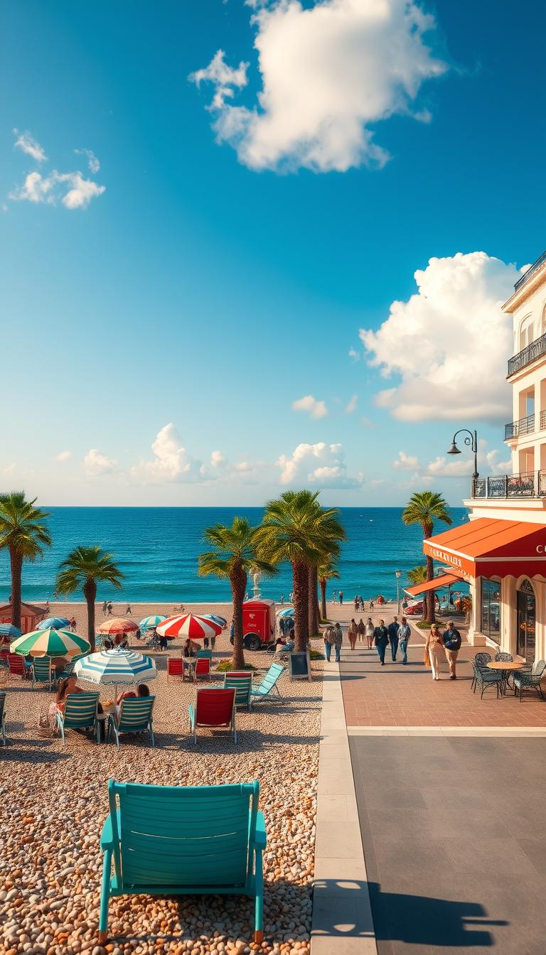 A vibrant scene capturing the essence of the Promenade des Anglais in Nice, France. In the foreground, colorful beach chairs and umbrellas dot the pebbly shore, with people dressed in stylish casual attire enjoying the sun. The middle ground showcases a beautifully paved walkway lined with lush palm trees and elegant cafes, where patrons sip coffee and savor pastries. In the background, the stunning azure sea stretches towards the horizon under a clear blue sky, accented by fluffy white clouds. Soft, warm sunlight bathes the scene, creating a golden glow of late afternoon. The perspective should convey depth, focusing on the bustling promenade while still highlighting the tranquil beauty of the Mediterranean. This photorealistic image captures the Riviera spirit and invites viewers into the vibrant atmosphere of Nice.