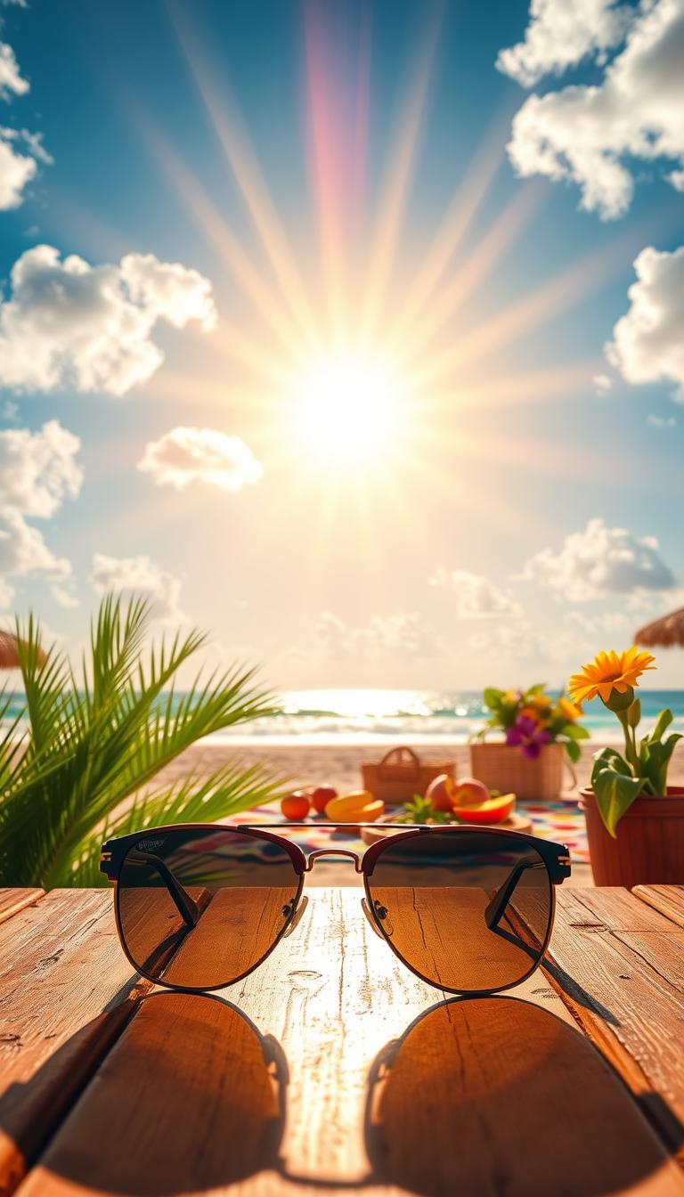 A vibrant sunburst radiating from the center of the image, casting warm golden rays that blend seamlessly into a bright blue sky scattered with fluffy white clouds. In the foreground, a pair of stylish sunglasses is placed on a rustic wooden table, reflecting the sun's rays and nearby tropical plants, evoking a sense of summer bliss. The middle section showcases a cheerful picnic scene complete with colorful blankets, decorative fruit arrangements, and cheerful flowers that add a pop of color. In the background, hints of a sunlit beach can be seen, with gentle waves lapping at the shore. The overall atmosphere is uplifting and joyful, filled with an essence of sunny days, good vibes, and relaxation, captured in high definition with soft, diffused lighting. A vibrant sunburst radiating from the center of the image, casting warm golden rays that blend seamlessly into a bright blue sky scattered with fluffy white clouds. In the foreground, a pair of stylish sunglasses is placed on a rustic wooden table, reflecting the sun's rays and nearby tropical plants, evoking a sense of summer bliss. The middle section showcases a cheerful picnic scene complete with colorful blankets, decorative fruit arrangements, and cheerful flowers that add a pop of color. In the background, hints of a sunlit beach can be seen, with gentle waves lapping at the shore. The overall atmosphere is uplifting and joyful, filled with an essence of sunny days, good vibes, and relaxation, captured in high definition with soft, diffused lighting.