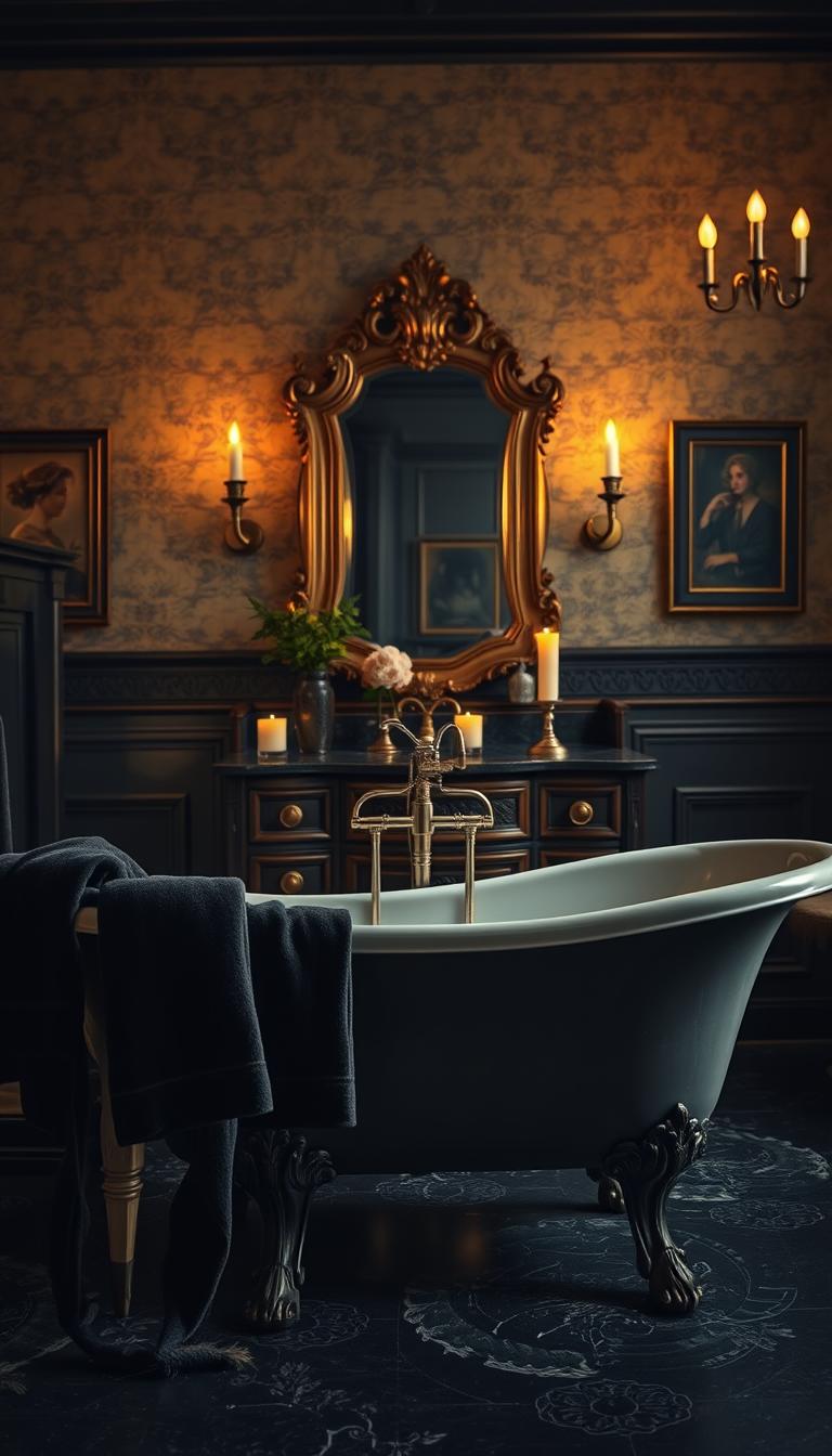 A vintage bathroom interior showcasing dark academia aesthetics, emphasizing old-world charm. The foreground features an ornate freestanding bathtub with intricately carved legs, surrounded by plush, dark velvet towels. In the middle ground, a wooden vanity adorned with a gilded mirror reflects soft candlelight, enhancing the rich textures of dark marble countertops. The background reveals a wallpaper with subtle, faded floral patterns and framed vintage art, creating a layered visual depth. Warm, ambient lighting casts gentle shadows, creating an intimate atmosphere. The composition is captured from a slightly elevated angle, focusing on the luxurious details, inviting viewers to imagine a serene, sophisticated retreat. The image is photorealistic and high definition, highlighting the elegance and drama of a vintage dark bathroom setting.