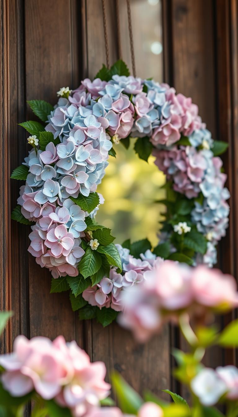 A visually striking spring hydrangea wreath, lush and vibrant, adorned with an array of blooming pastel-colored hydrangeas in shades of pink, blue, and lavender. The wreath is meticulously arranged on a rustic wooden door, enhancing its charm. In the foreground, focus on the detailed textures of the flowers and leaves, capturing the dew glistening on the petals. The middle ground features the wreath, elegantly shaped, accentuated by delicate greenery and soft white blossoms peeking through. In the background, a gentle bokeh effect blurs the surroundings, evoking a sense of warmth and freshness. Natural daylight streams in, illuminating the wreath and creating a welcoming atmosphere. The overall mood is cheerful and inviting, perfectly embodying the essence of spring.