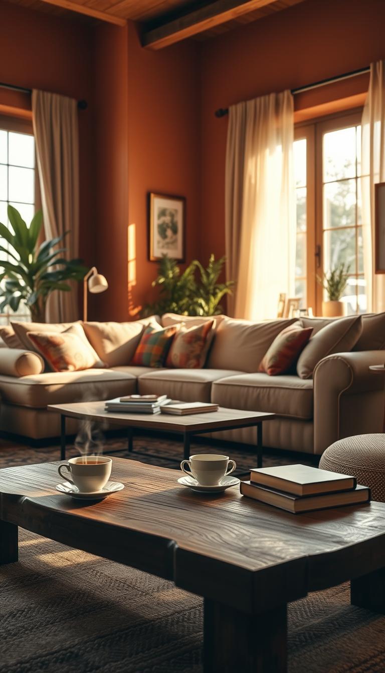 A warm and inviting living room bathed in soft natural light, featuring rich terracotta walls and a cozy, plush beige sofa adorned with colorful throw pillows. In the foreground, a rustic wooden coffee table holds a steaming cup of tea and a few well-thumbed books. The middle ground showcases a stylish area rug that adds texture and warmth, while a softly glowing floor lamp casts a gentle light. In the background, large windows framed with sheer curtains let in golden sunlight, illuminating houseplants and framed artwork on the walls. The atmosphere feels serene and inviting, ideal for relaxation and social gatherings. The image should be photorealistic with high definition, capturing the essence of a cozy home environment.