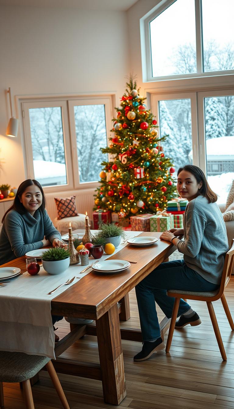 A warm and inviting living room decorated for an Ikea-inspired Christmas, with a cozy atmosphere. In the foreground, a stylish family gathered around a beautifully set wooden dining table, adorned with colorful ornaments and a white tablecloth. They wear modest casual clothing, showcasing a cheerful and festive mood. In the middle ground, a decorated Christmas tree with colorful lights and playful ornaments stands proudly, surrounded by cheerful gift-wrapped presents. Soft, warm lighting illuminates the room, creating a welcoming ambiance. In the background, large windows display a snowy scene outside, enhancing the festive atmosphere. The overall composition exudes a sense of joyful celebration, perfectly harmonizing with the theme of Ikea Christmas style moods: white, colorful, and playful. High definition, photorealistic detail, shot from a slight upward angle to emphasize the festive decor. A warm and inviting living room decorated for an Ikea-inspired Christmas, with a cozy atmosphere. In the foreground, a stylish family gathered around a beautifully set wooden dining table, adorned with colorful ornaments and a white tablecloth. They wear modest casual clothing, showcasing a cheerful and festive mood. In the middle ground, a decorated Christmas tree with colorful lights and playful ornaments stands proudly, surrounded by cheerful gift-wrapped presents. Soft, warm lighting illuminates the room, creating a welcoming ambiance. In the background, large windows display a snowy scene outside, enhancing the festive atmosphere. The overall composition exudes a sense of joyful celebration, perfectly harmonizing with the theme of Ikea Christmas style moods: white, colorful, and playful. High definition, photorealistic detail, shot from a slight upward angle to emphasize the festive decor.