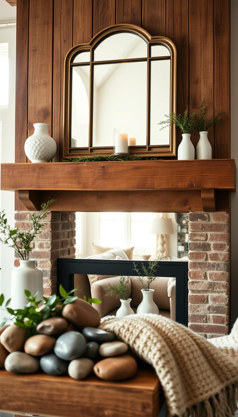 A warmly styled modern farmhouse mantel, featuring rustic wooden beams with a rich patina, adorned with understated decorative elements. In the foreground, a collection of smooth river stones and a cozy knit throw are tastefully arranged, complemented by simple white ceramic vases filled with fresh greenery. The middle layer showcases a beautifully framed vintage mirror above the mantel, reflecting soft natural light streaming through a nearby window. A flickering candle arrangement adds warmth to the scene. In the background, a softly lit living room with neutral tones and natural textures enhances the inviting atmosphere. Capture the image with a slightly elevated angle, using a soft focus to create depth and an inviting, serene mood. Highlight the textures and play of light for a photorealistic, high-definition representation.