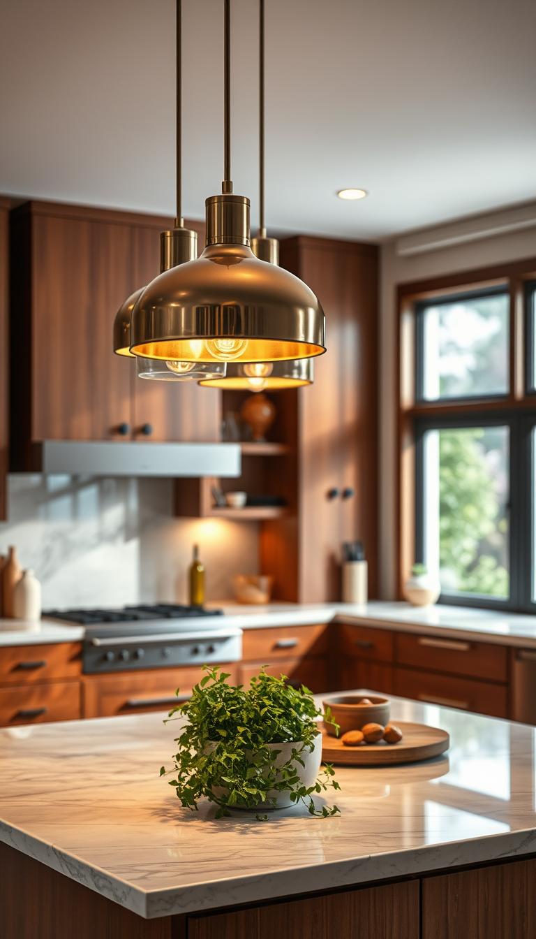 Create a photorealistic image of a beautifully designed kitchen featuring elegant island pendants hanging above a central kitchen island. The foreground should showcase the stylish pendants made of polished metal with warm, soft lighting, casting inviting shadows on the island's surface. In the middle ground, include a sleek kitchen island with a marble countertop adorned with fresh herbs and tasteful decor, embodying a maximalist aesthetic. The background should display modern kitchen cabinetry with rich colors and textured finishes, accentuated by diffused natural light from large windows. The overall mood should be warm and welcoming, emphasizing functionality and elegance, perfect for a maximalist kitchen design. Capture the image with a wide-angle lens to encompass the entire ambiance of the space. Create a photorealistic image of a beautifully designed kitchen featuring elegant island pendants hanging above a central kitchen island. The foreground should showcase the stylish pendants made of polished metal with warm, soft lighting, casting inviting shadows on the island's surface. In the middle ground, include a sleek kitchen island with a marble countertop adorned with fresh herbs and tasteful decor, embodying a maximalist aesthetic. The background should display modern kitchen cabinetry with rich colors and textured finishes, accentuated by diffused natural light from large windows. The overall mood should be warm and welcoming, emphasizing functionality and elegance, perfect for a maximalist kitchen design. Capture the image with a wide-angle lens to encompass the entire ambiance of the space.