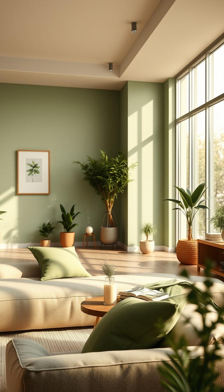 Photorealistic interior scene featuring soothing sage green walls in a modern wellness space. In the foreground, a cozy area with a soft, neutral-colored sofa adorned with green pillows, and a small wooden coffee table topped with plants and a candle. The middle layer showcases a spacious room with large, sunlit windows filtering in warm natural light, enhancing the calming atmosphere. Potted plants and minimalist artwork on the walls complement the color scheme. In the background, subtle decorative elements like wooden shelves with books and wellness items add depth. The image captures a serene, inviting ambiance, ideal for promoting tranquility and relaxation. The camera angle is slightly elevated, giving a comprehensive view of the entire room and the harmonious design elements.