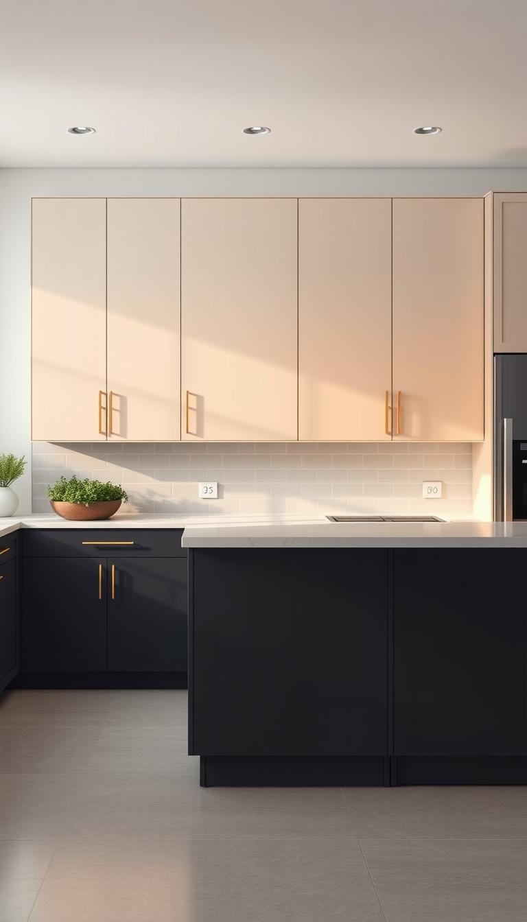 Photorealistic kitchen interior featuring gradient kitchen cabinets that transition smoothly from pale cream at the top to deep charcoal at the bottom. The cabinets are sleek with minimalist hardware, reflecting modern style. In the foreground, a stylish kitchen island complements the cabinets, topped with a white marble surface. The lighting is soft and natural, streaming in through a large window, creating an inviting and warm atmosphere. In the background, subtle details like a few potted herbs on the counter and muted backsplash tiles add depth. Shot from a slightly elevated angle to capture both the cabinets and island, the image conveys elegance and harmony in color design, emphasizing the beauty of layered tones in a cohesive kitchen space.